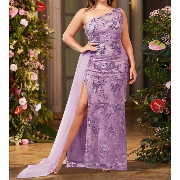 Dresses & Skirts - Plus Purple Floral Sequin One Shoulder Split Thigh Party Wedding Dress